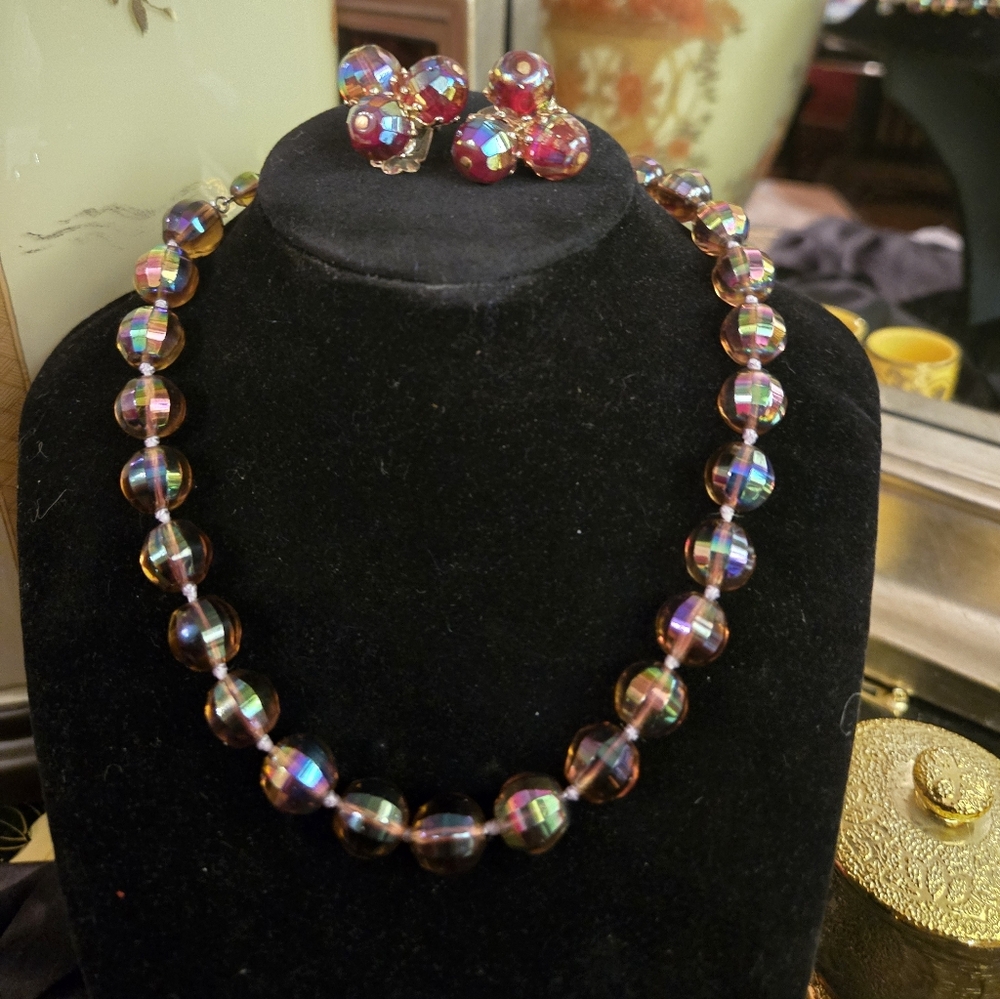 Vintage VOGUE Signed Aurora Borealis Necklace & Clip-On Earrings Set – Rare